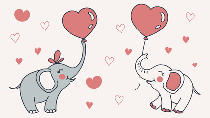 Watercolor seamless pattern, cute elephants with heart balloons, pink background