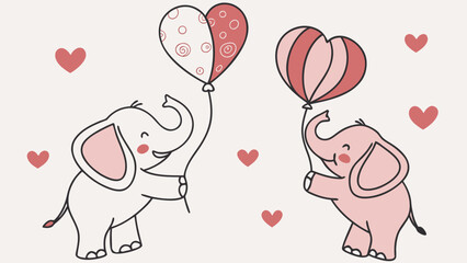 Watercolor seamless pattern, cute elephants with heart balloons, pink background