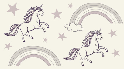 Watercolor seamless pattern, unicorns and rainbows with stars, pastel background