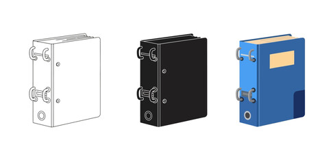 Three ring binders, each with a different style and color scheme, showcasing variations in design and presentation on transparent background