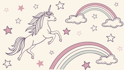Watercolor seamless pattern, unicorns and rainbows with stars, pastel background
