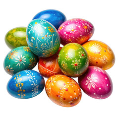 Fototapeta premium A vibrant pile of intricately decorated Easter eggs against a solid black background.
