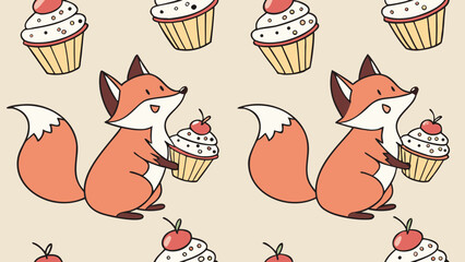 Watercolor seamless pattern, watercolor foxes with cupcakes, beige background