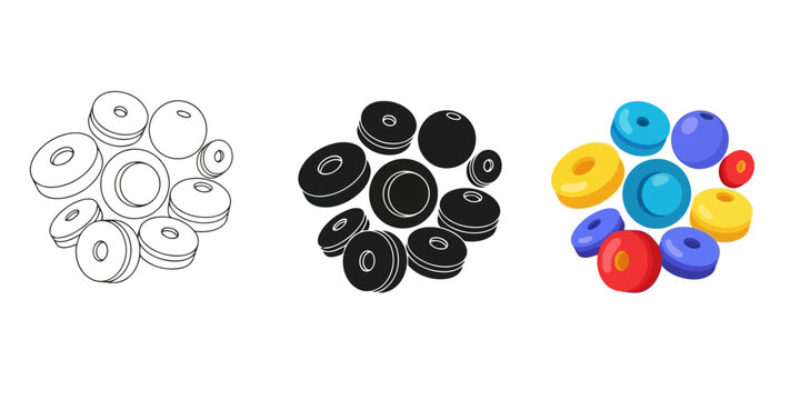 Three styles vector set line art, silhouette and color version illustration of colorful beads, showcasing a variety of shapes and sizes for creative jewelry making projects