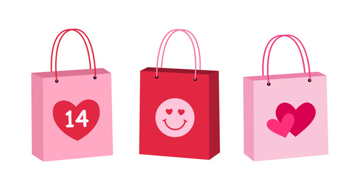 Set of Valentine gift bag flat vector illustration.
Number 14 with Heart and emoji patterns
White background.