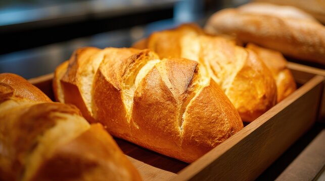 Warm, golden bread loaves sit in a wooden tray at a bakery. The aroma fills the air as customers enjoy fresh baked goods in the morning light.