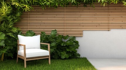 Obraz premium Relaxing Outdoor Space White Armchair, Bamboo Fence and Lush Greenery ,Landscape ,Furniture