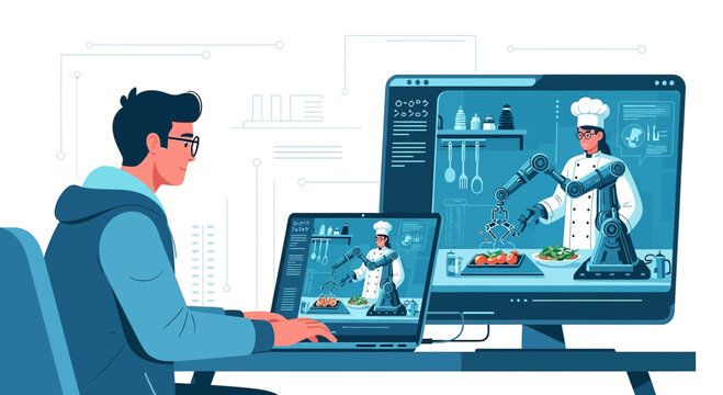 Technological advancement in culinary arts, robotic chef controlled by programmer via laptop