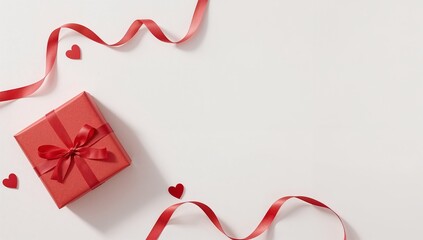Valentine’s Gift Box and Heart Decorations on Clean Minimalist Background