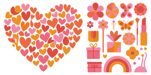 Heart shape made of small hearts and feminine cosmetic and decorative elements