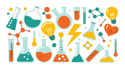 Colorful collection of science and chemistry equipment and symbols