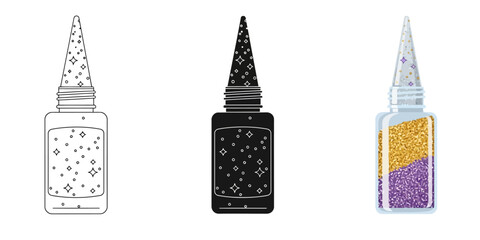 Glitter Glue bottles  In Three styles vector set line art, silhouette and color version three with different styles