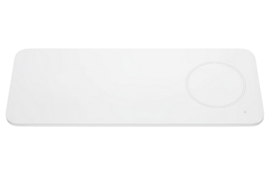 Minimalist white wireless charging pad for electronic devices isolated on a transparent background