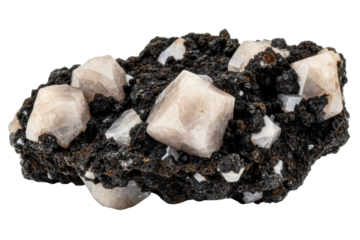 White calcite crystals on dark volcanic rock matrix specimen isolated on a transparent background