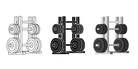 weight plate rack in Three styles vector set line art, silhouette and color version, displaying gym equipment for strength training and fitness, showcasing organized storage and exercise accessories