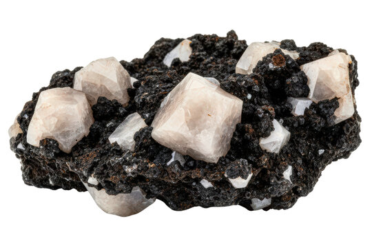 White calcite crystals on dark volcanic rock matrix specimen isolated on a transparent background