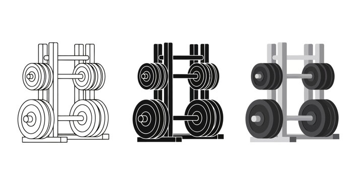 weight plate rack in Three styles vector set line art, silhouette and color version, displaying gym equipment for strength training and fitness, showcasing organized storage and exercise accessories