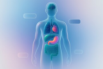 Anatomical illustration depicting the human body with highlighted internal organs including lungs heart liver stomach intestines showcasing the complexity of human physiology and health awareness