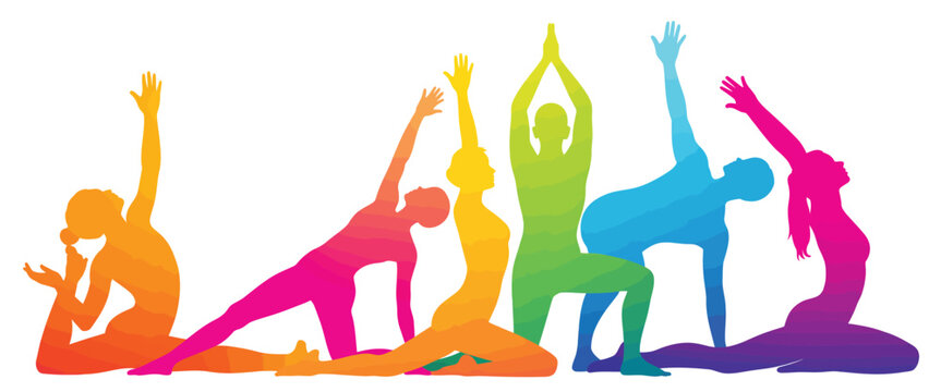 Diverse group of people in colorful yoga poses against a white background