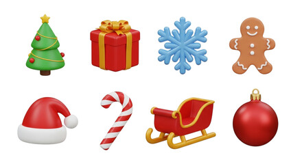 Festive 3d christmas icons isolated on transparent background tree, gift, snowflake, gingerbread man, santa hat, candy cane, sleigh, and ornament, perfect for holiday designs and decorations