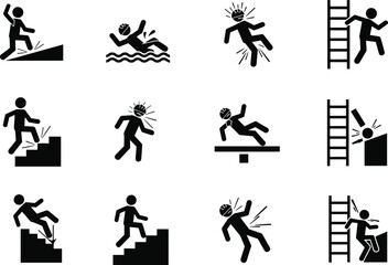 Safety, hazard, pictograms, vector, set, illustrating, falling, slipping, drowning, climbing, ladder, and, workplace, injury, risks, perfect, for, warning, signs, 