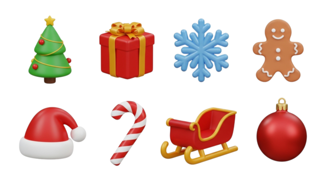 Festive 3d christmas icons isolated on transparent background tree, gift, snowflake, gingerbread man, santa hat, candy cane, sleigh, and ornament, perfect for holiday designs and decorations