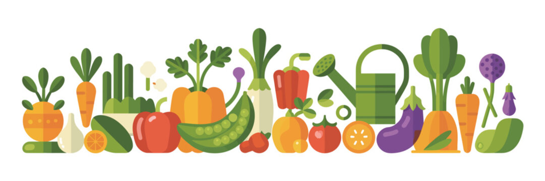 Colorful assortment of fresh vegetables and gardening tools