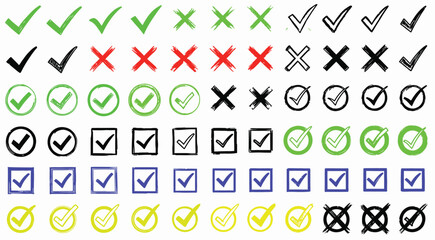 Collection of Checkmarks and Crosses Symbols for Approvals and Rejections, Vector Graphics with Various Styles