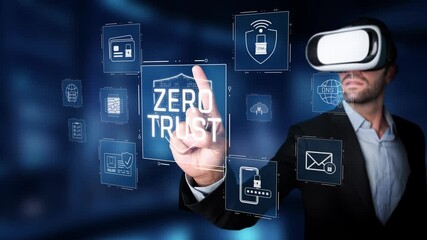 A businessman wearing a virtual reality headset explores the concept of zero trust in cybersecurity, showcasing icons representing various security measures and digital protection solutions. Raster - Powered by Adobe