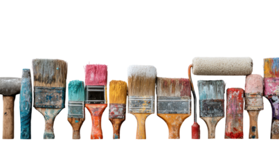 Row of used paintbrushes and roller