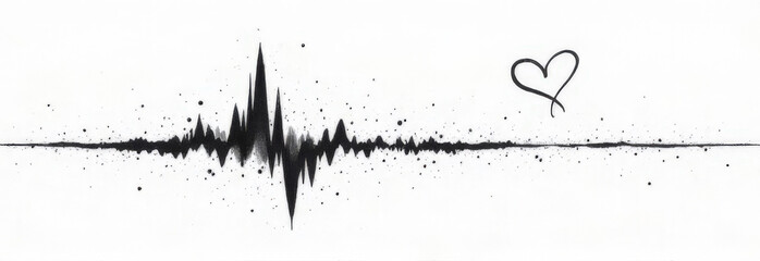 Hand Drawn EKG Heartbeat Line with Splatter and Doodle Heart