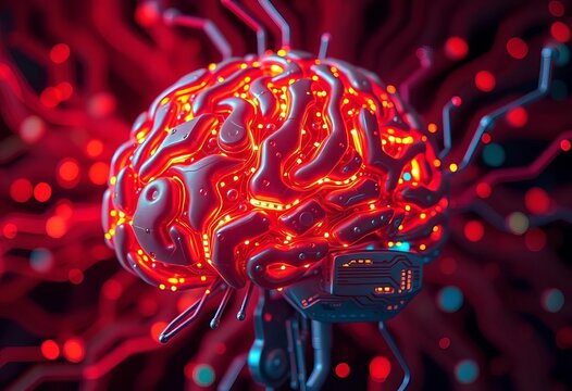 Close-up of a complex robotic brain, glowing circuits,  blue,  steel - Powered by Adobe
