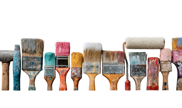 Row of used paintbrushes and roller