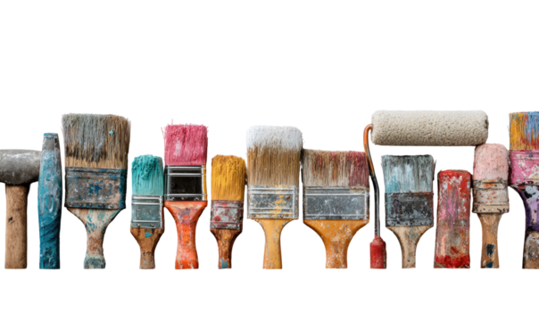 Row of used paintbrushes and roller