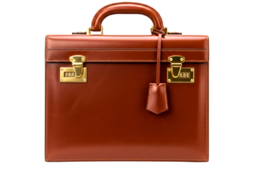 Classic brown leather business briefcase with gold combination locks isolated on a transparent background
