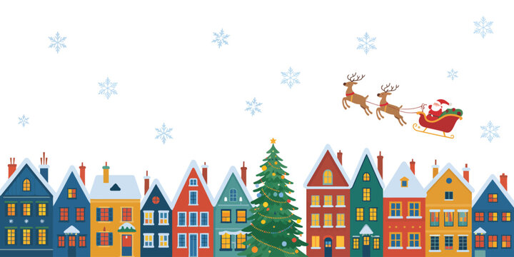 Santa claus flying his reindeer over a colorful european village at christmas