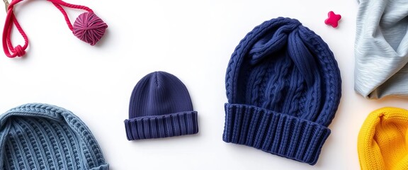 Flat lay beanie cap sewing pattern template on white background, clothing, photography