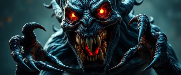 Grotesque creature with clawed hands and fanged mouth, glowing eyes,  abomination,  nightmarish
