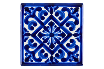 Square ceramic tile with blue and white floral ornament pattern isolated on a transparent background