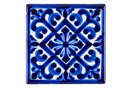 Square ceramic tile with blue and white floral ornament pattern isolated on a transparent background