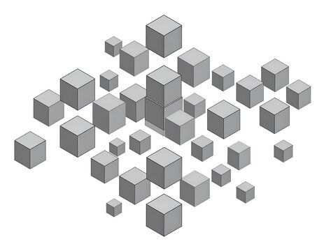 Abstract arrangement with isometric cubes in varying sizes on white backdrop