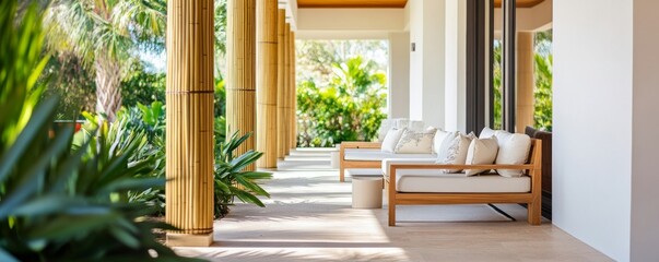 Obraz premium Tropical Terrace with Bamboo Columns and White Sofas, outdoor living , patio furniture