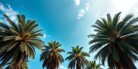 Majestic royal palms, their fronds reaching towards a vibrant sky,  greenery,   tropical plants
