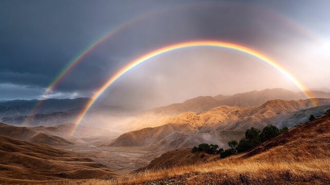 Spectacular double rainbow arches above sunlit golden hills and misty valley under dark dramatic sky - Powered by Adobe