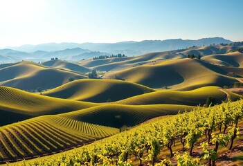 Rolling hills dotted with neatly-rowed grapevines under a bright sun, vineyard,  agriculture