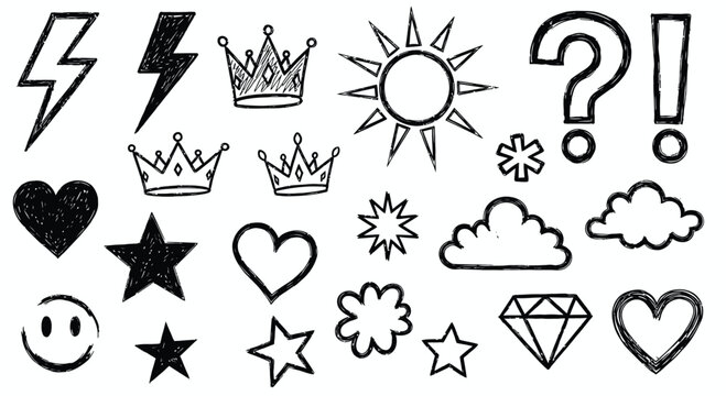Set of hand-drawn doodle design elements including crowns, hearts, stars, sun, clouds, lightning bolts and more