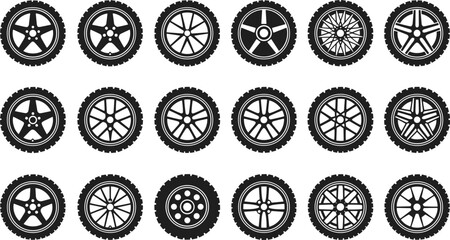 Comprehensive vector set of automobile tires and wheel rims in various styles, ideal for automotive, transportation, repair, and racing industry design. © MstBabli