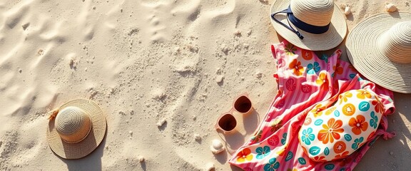 Sun-drenched beach scene with vibrant summer clothing laid out, summer, swimsuit