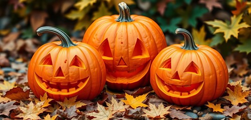 Three carved pumpkins, various sizes, autumn leaves, set, holiday