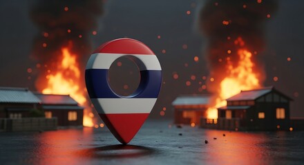 Thailand location marker amidst burning buildings conveys crisis, disaster, or urgent situation needing help with dramatic impact and emotional intensity